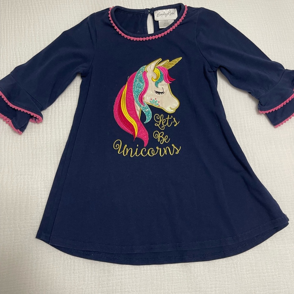 Emily Rose Navy Dress with Multicolor Unicorn Applique
